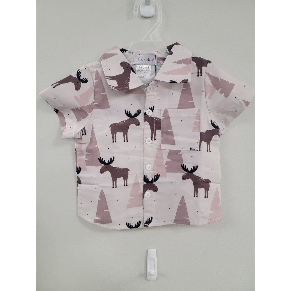 Baby Boy Button-Up Shirt With Moose Print & Trees Design 3 available twins tripl